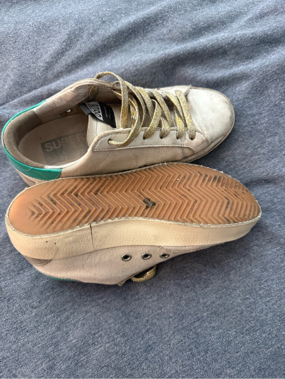 Golden Goose Beige Canvas Sneakers with Gold Glitter Star and Green Heel - Picture 3 of 7